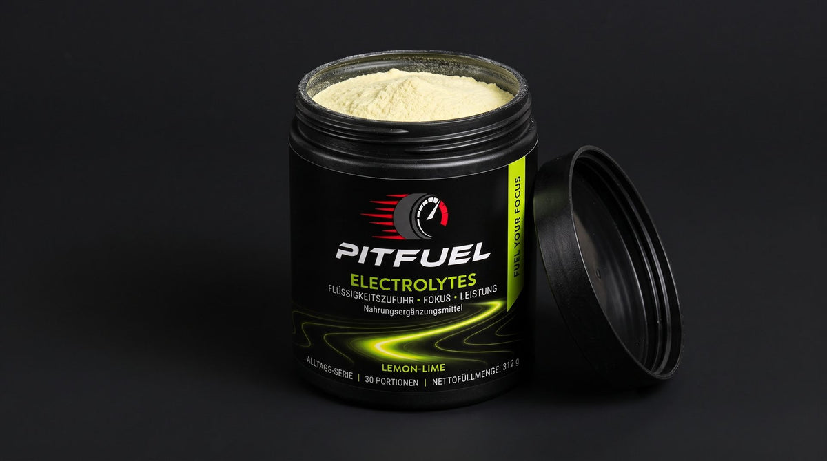 Geöffnete Dose PitFuel Electrolytes Lemon-Lime mit Pulver und abgenommenem Deckel