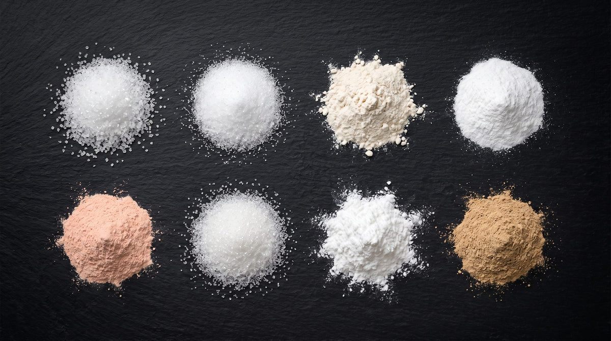 Die Inhaltsstoffe von PitFuel Electrolytes als einzelne Pulver auf dunklem Schiefer